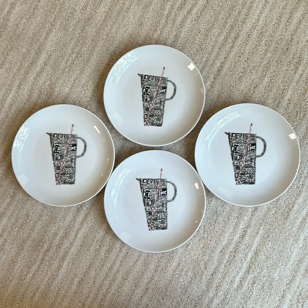 Set of 4 Crate Barrel Appetizer Plates Drinks Shake Sip Stir Chill